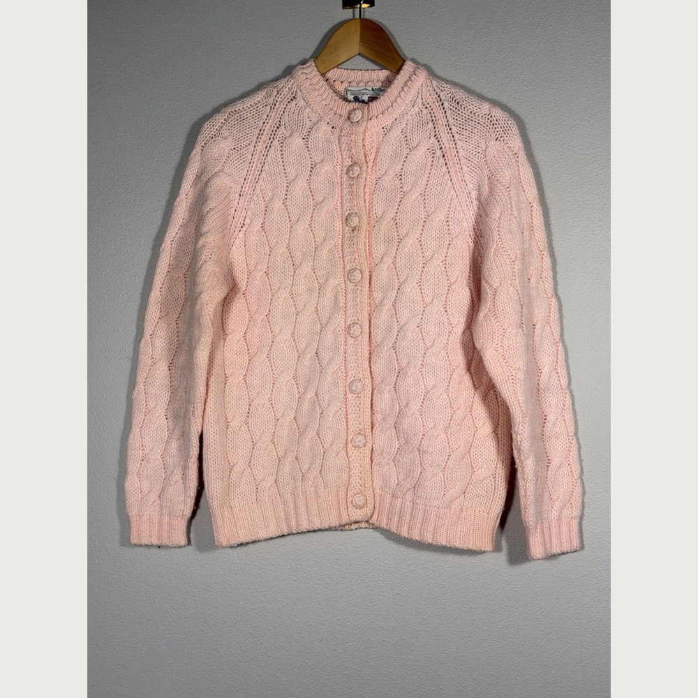 Vintage Tally-Ho 100% Wool Pink Cable Knit Cardigan Hand Loomed